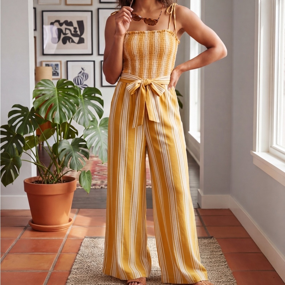 RIPCURL Mustard Yellow Stripe Wide-Leg Jumpsuit. Size S